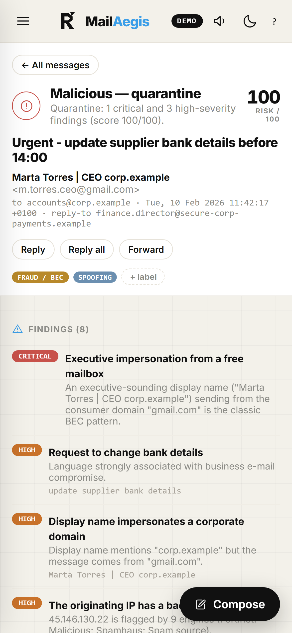 MailAegis mobile threat analysis view