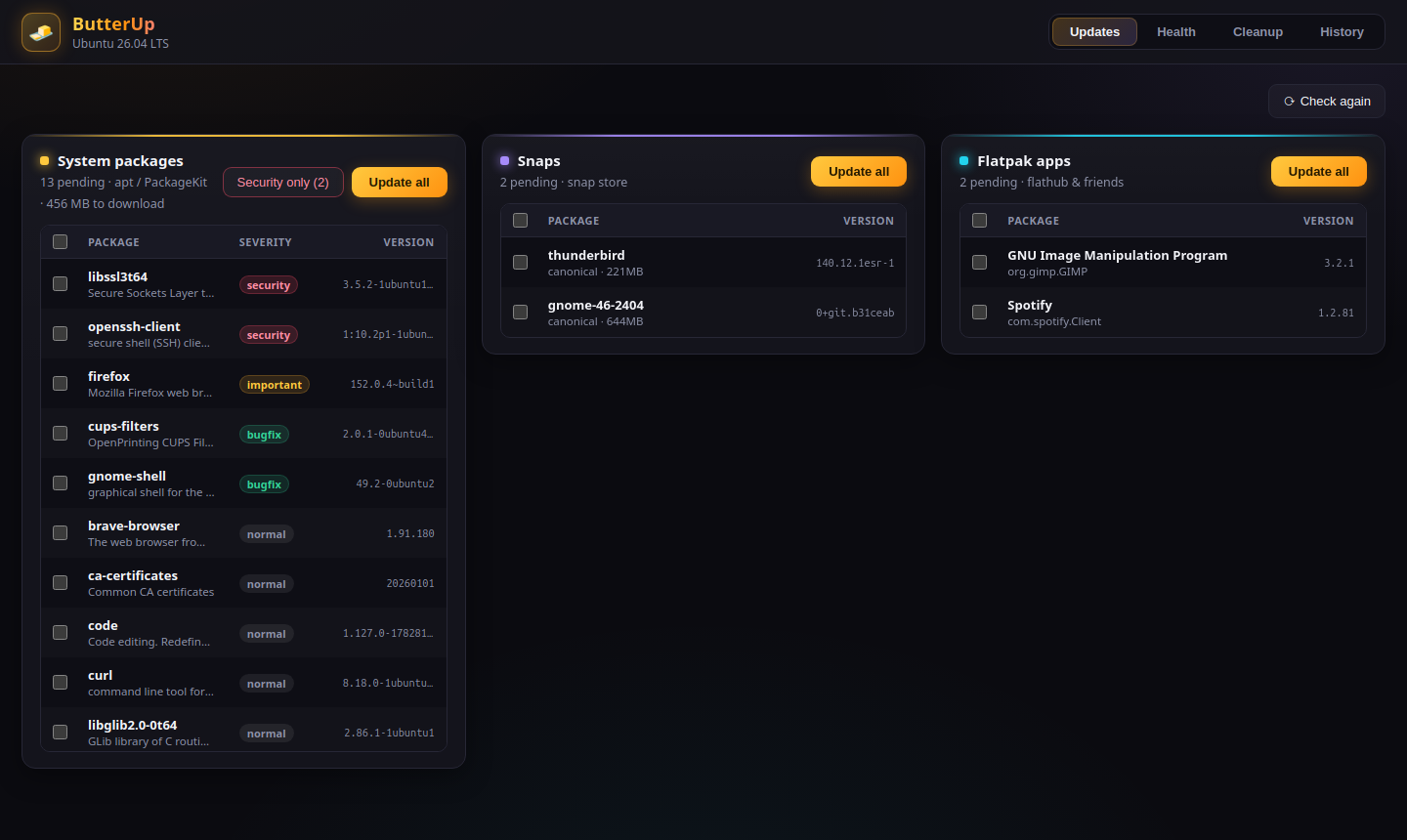 ButterUp — apt, snap and flatpak updates side by side