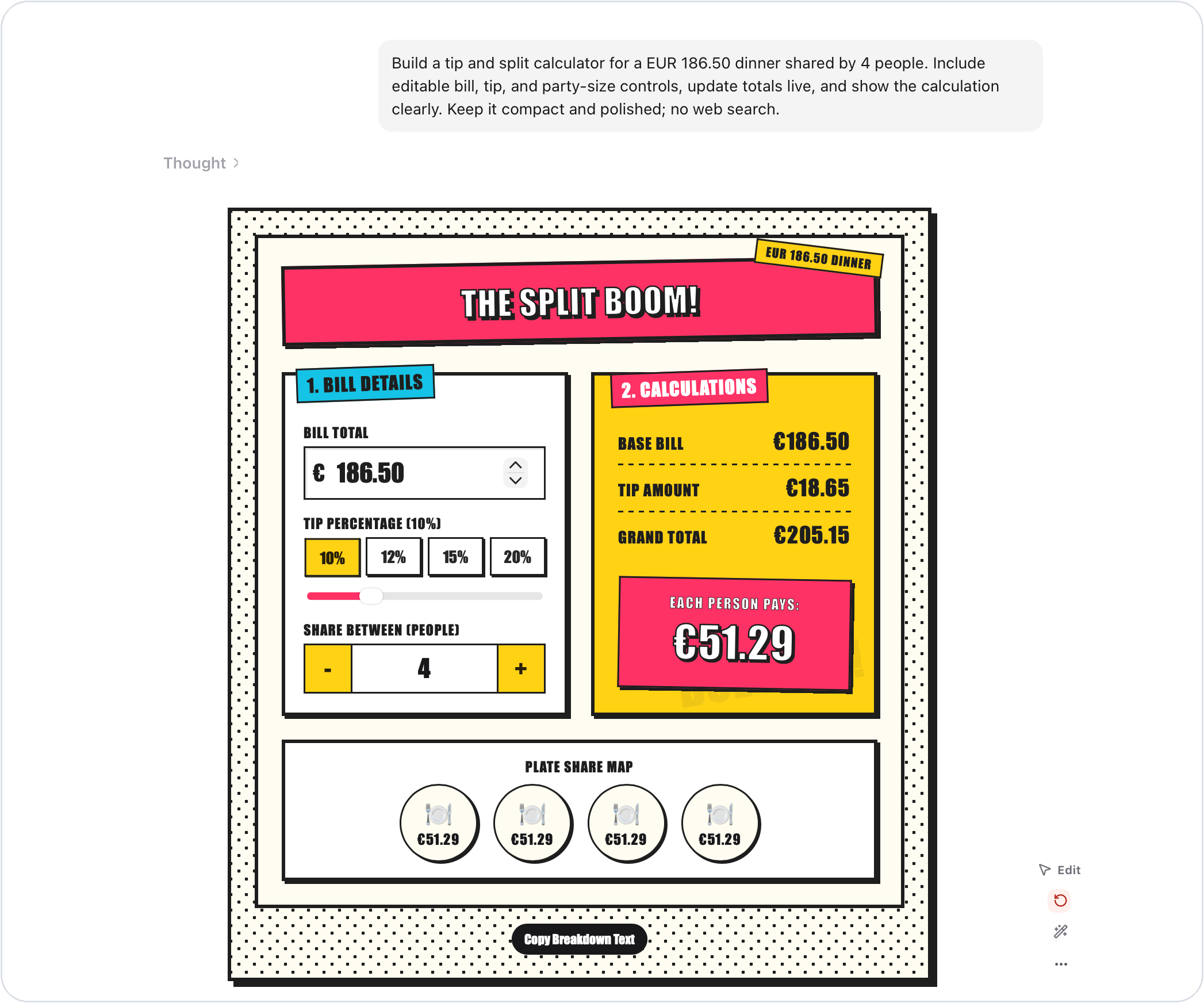 ChatHTML running an interactive tip and split calculator