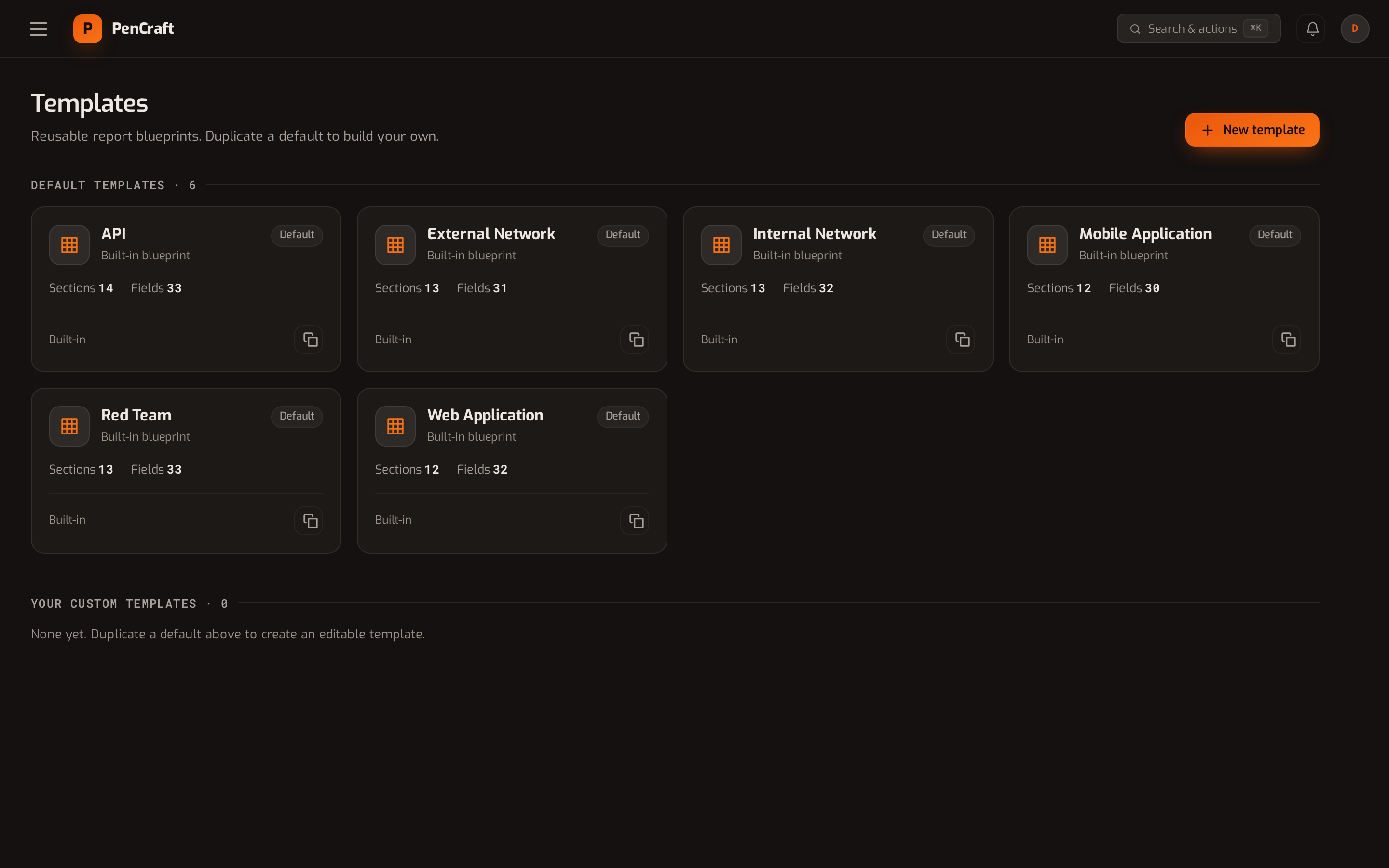 Six built-in report templates, clone-to-edit
