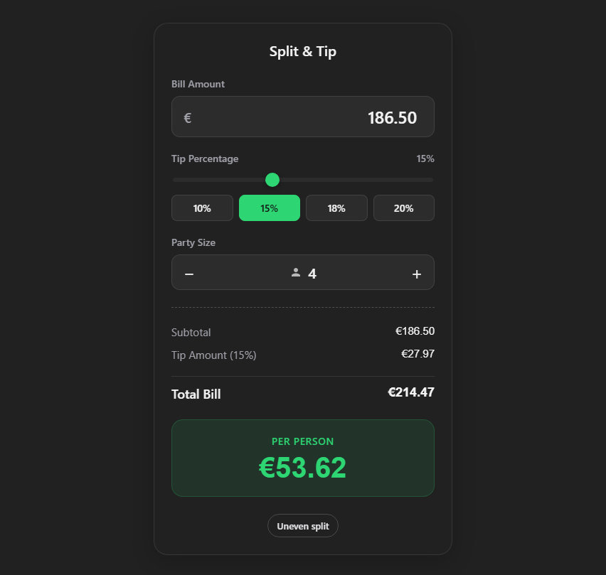 An interactive tip and split calculator rendered by ChatHTML