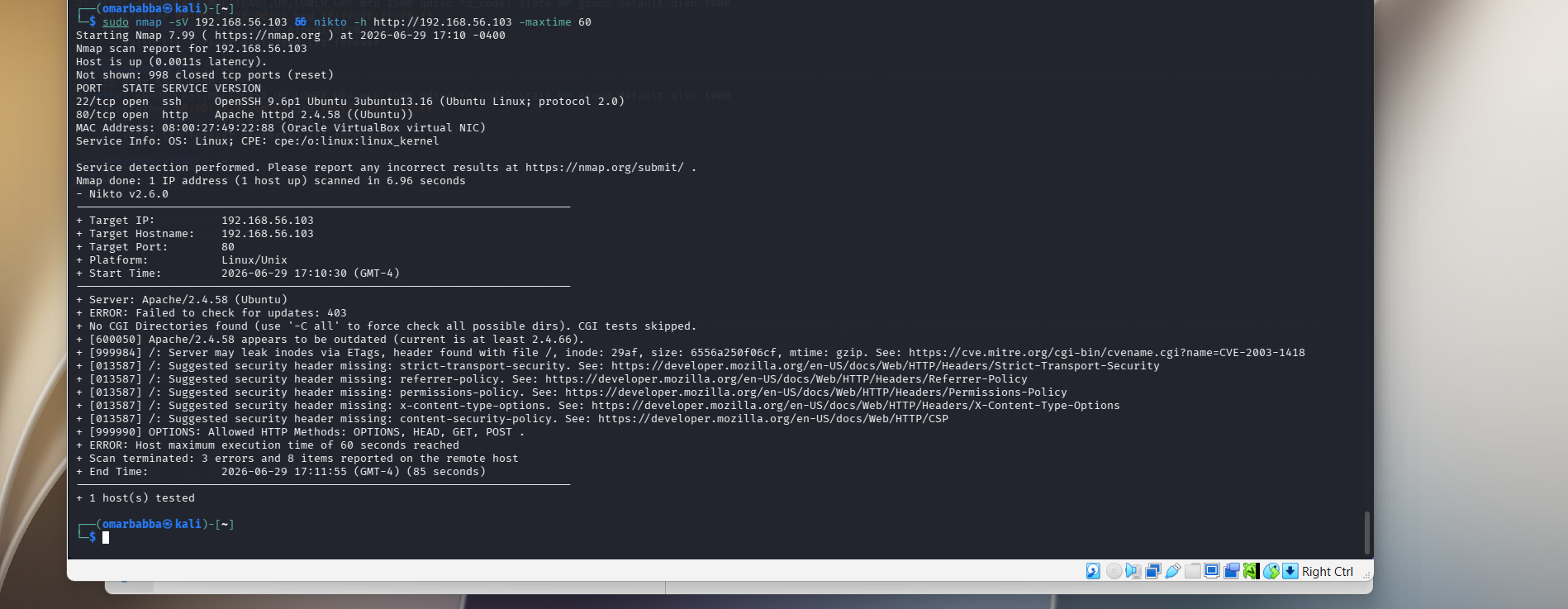 Nikto v2.6.0 — 针对 192.168.56.103:80 的扫描,检测到 Apache 2.4.58,8113 个请求,报告了 10 个项目