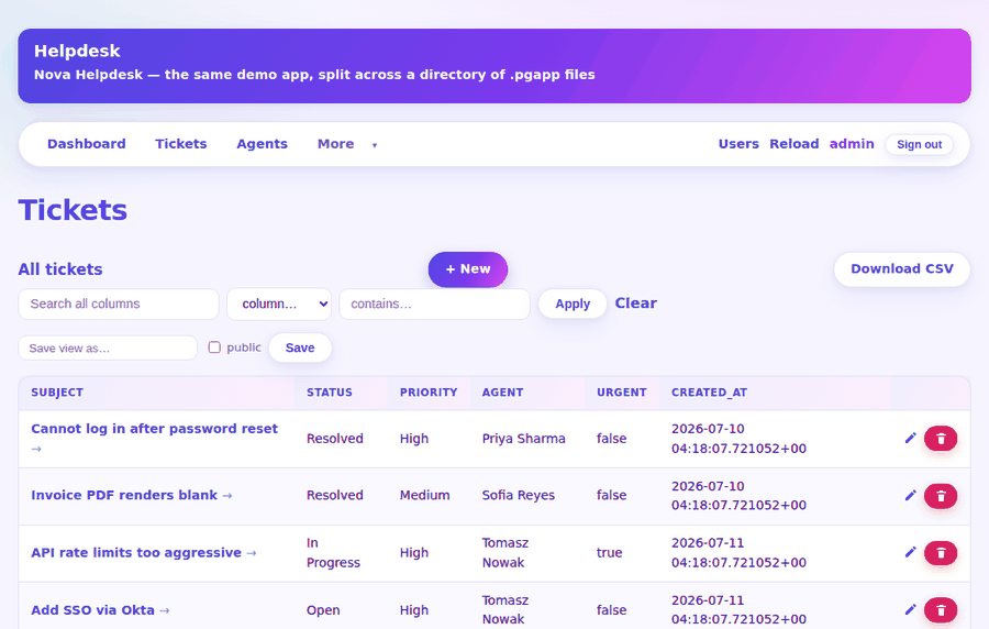 Editing a multi-file pgapp app's markup in the built-in file tree editor