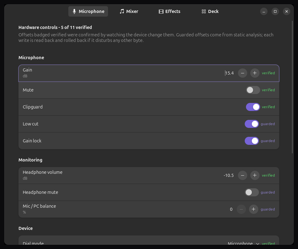 The hardware page, with each control badged verified or guarded