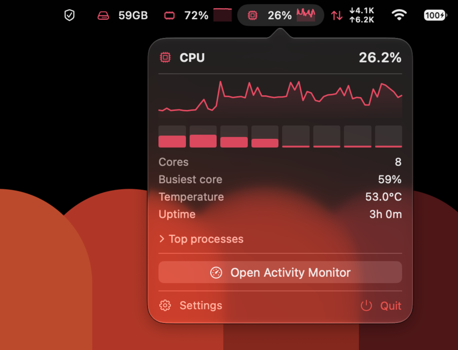 The CPU popover: a load sparkline, a bar per core, core count, busiest core, temperature, and uptime