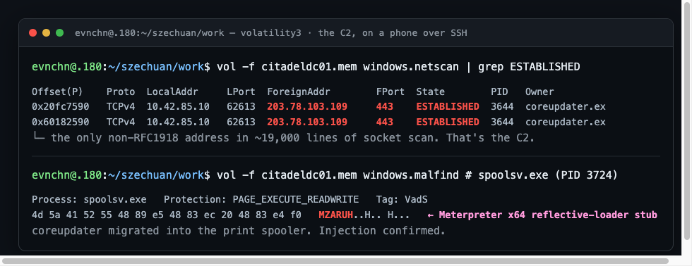 volatility3 netscan 显示了 C2 连接,malfind 发现了 MZARUH meterpreter 存根