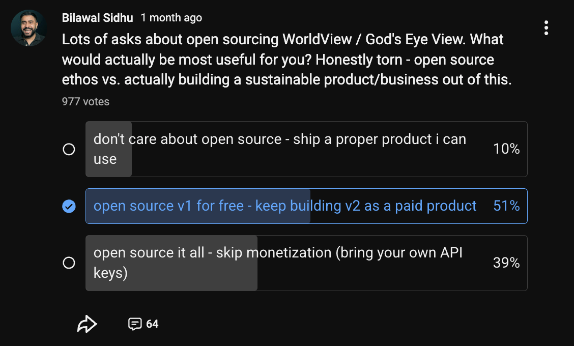 Community survey about open sourcing WorldView and God's Eye View