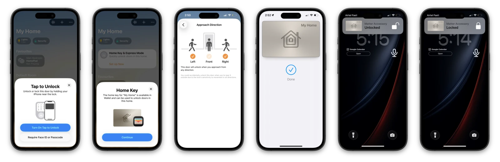 Six iPhone screenshots of the Aliro lock in use: key setup and Express Mode, Approach Direction settings, key provisioning, and lock-state notifications
