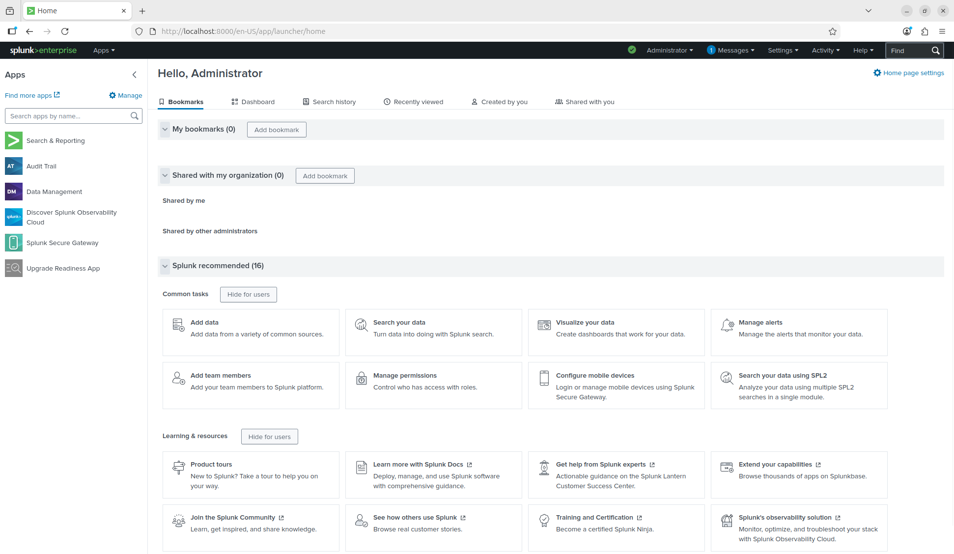 Splunk Enterprise home screen