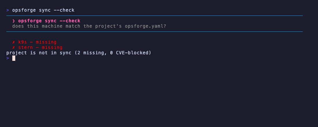 opsforge sync --check — a drift report for a project's opsforge.yaml