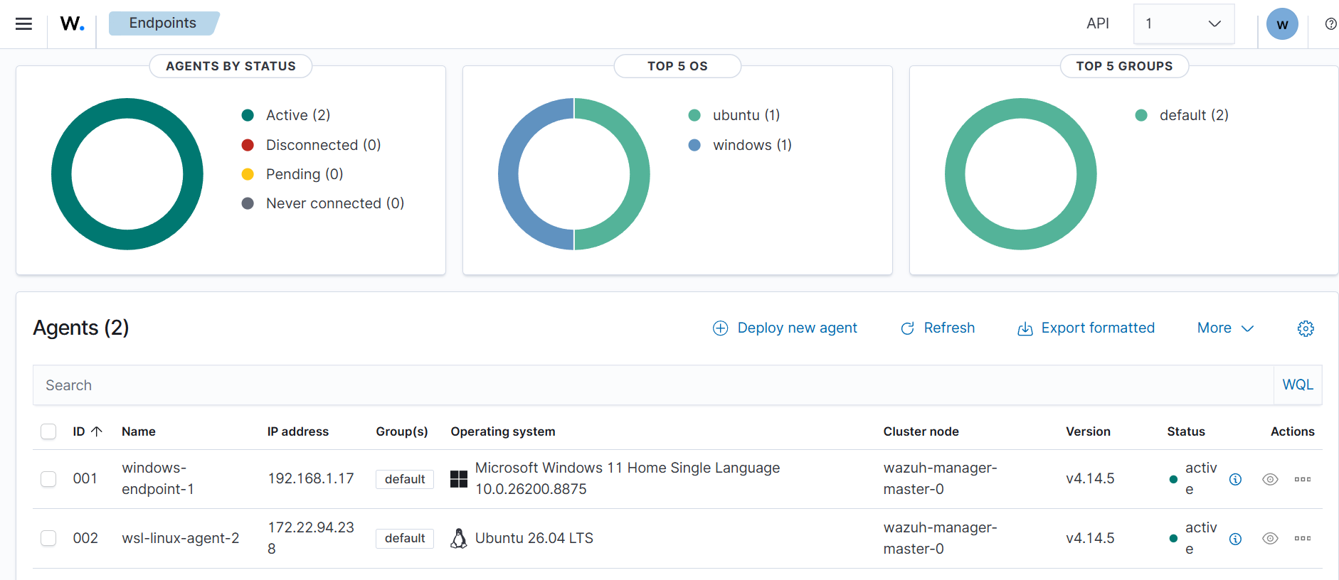 两个 agent 在 Wazuh dashboard 中显示为活跃状态