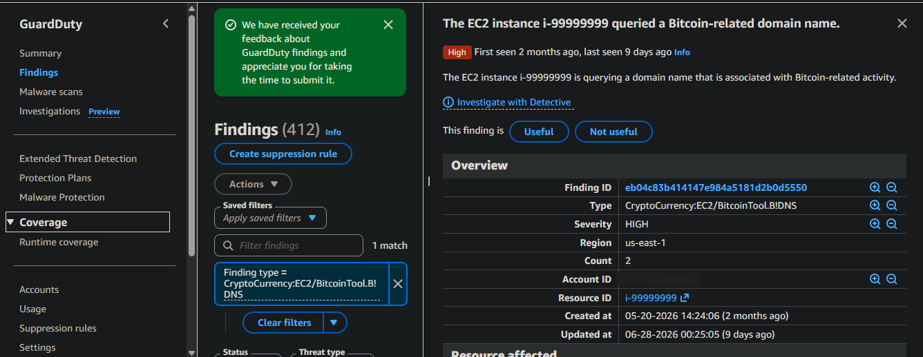 Finding 3 — 加密货币 EC2 DNS finding,ActionType 和 Blocked 字段