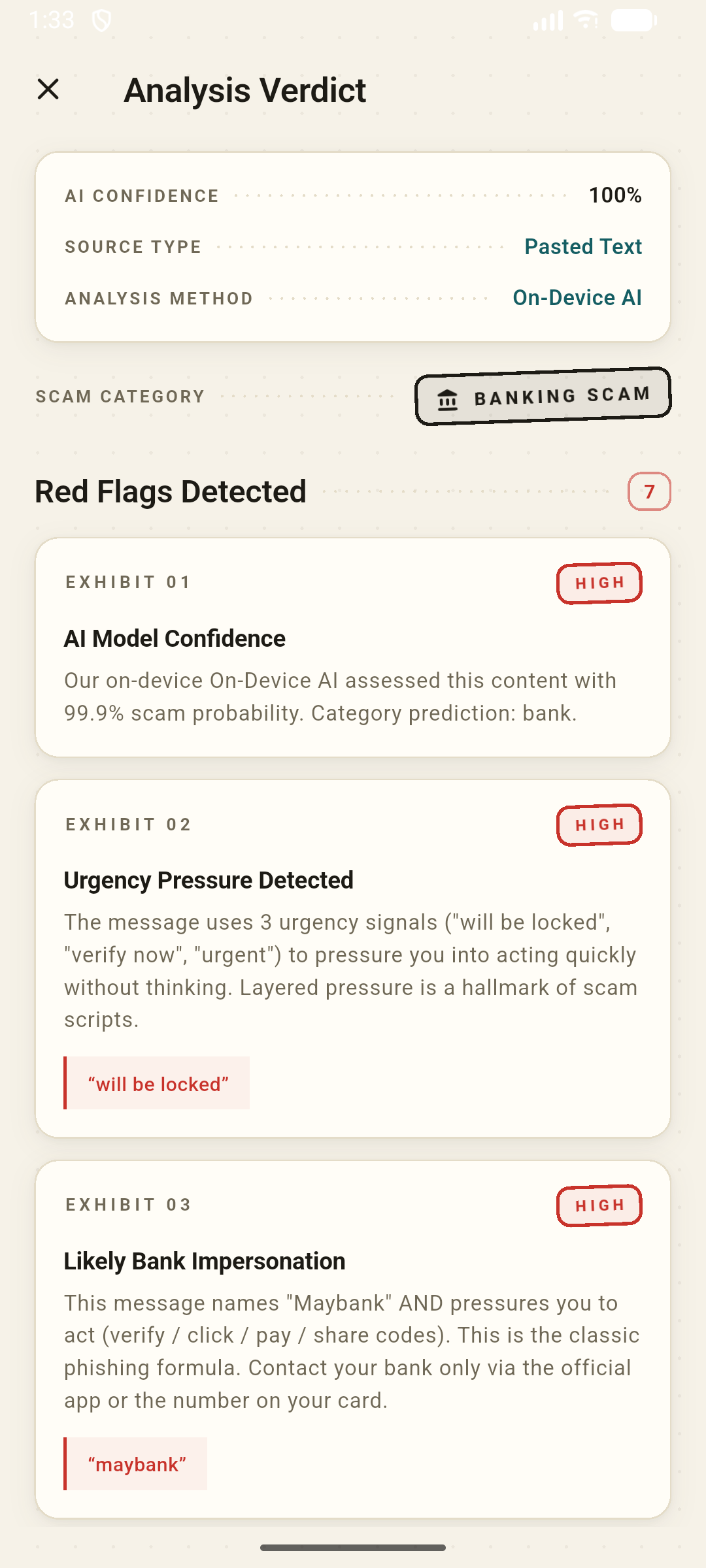 ScamShield Android evidence view listing the synthetic example's model and rule signals