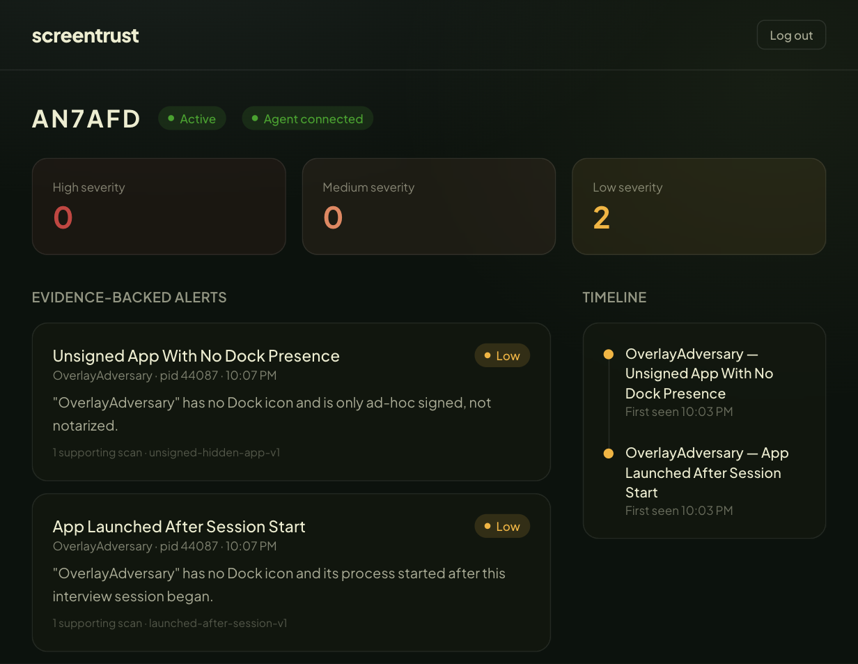Live session detail with evidence-backed alerts
