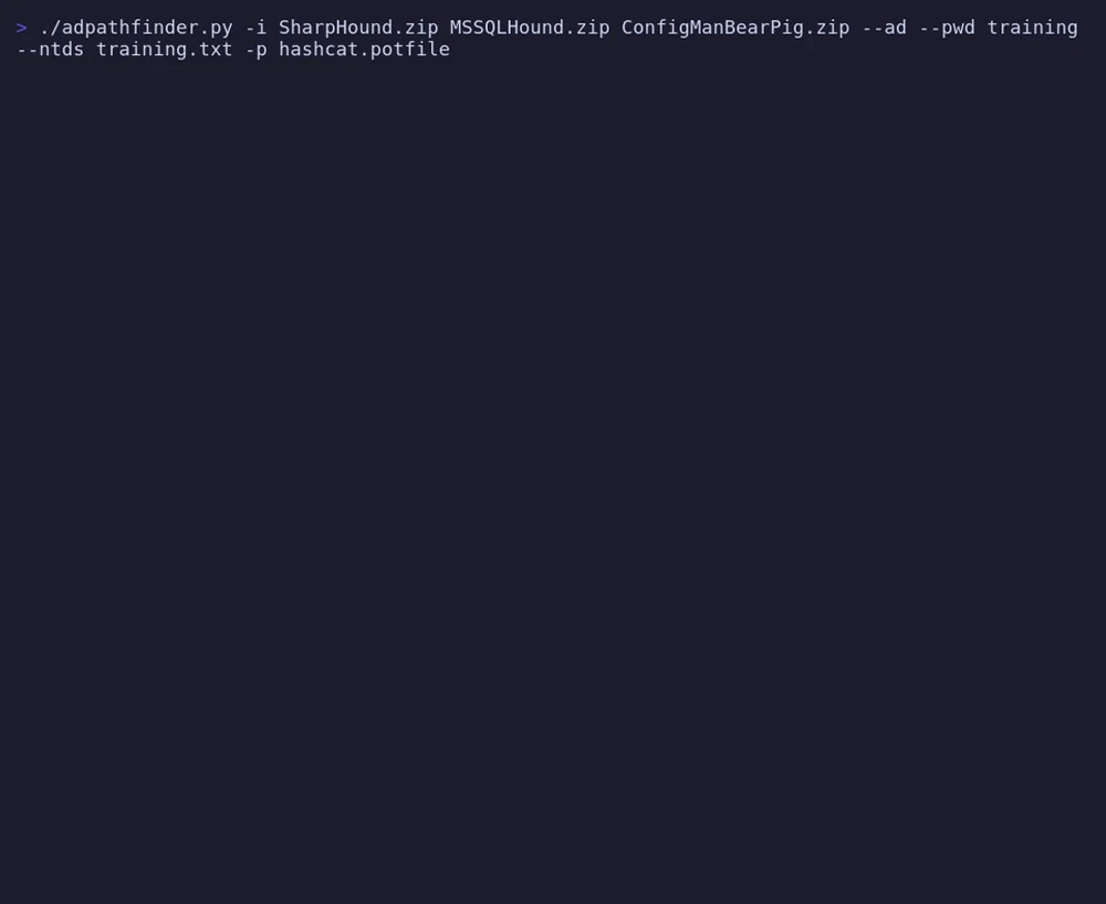 ADPathFinder CLI demo showing grouped risk findings and attack paths