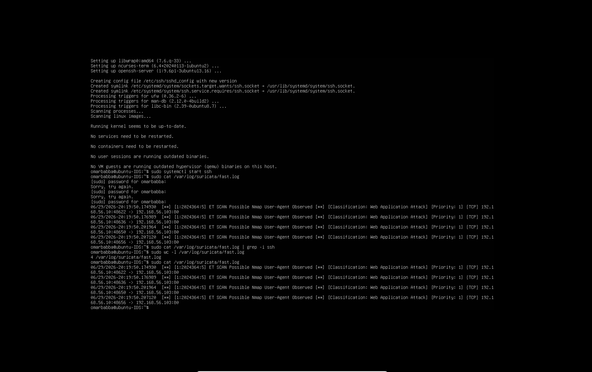 Suricata fast.log — ET SCAN Possible Nmap User-Agent Observed,192.168.56.10 → 192.168.56.103:80