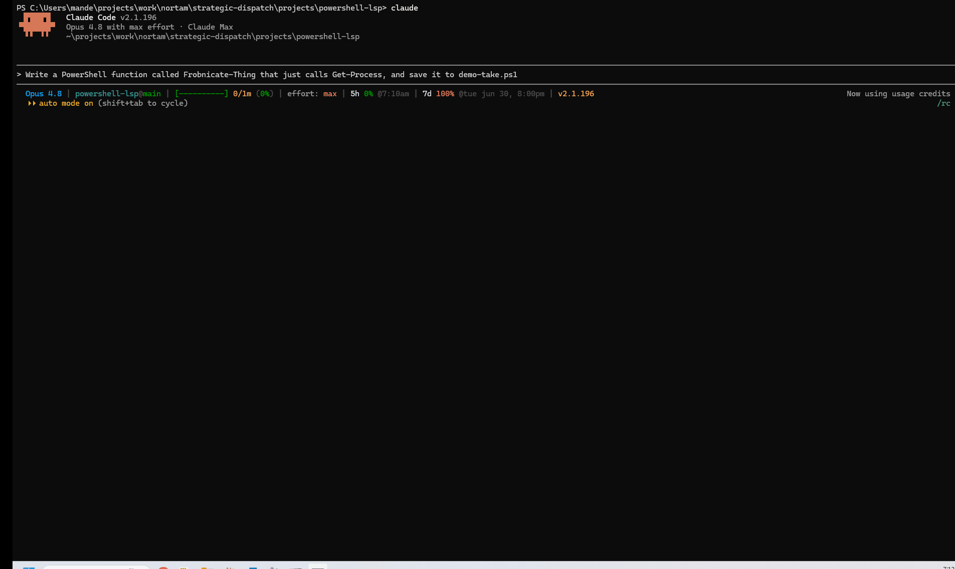 demo: Claude writes an unapproved-verb function, the diagnostic appears inline, Claude fixes it next turn