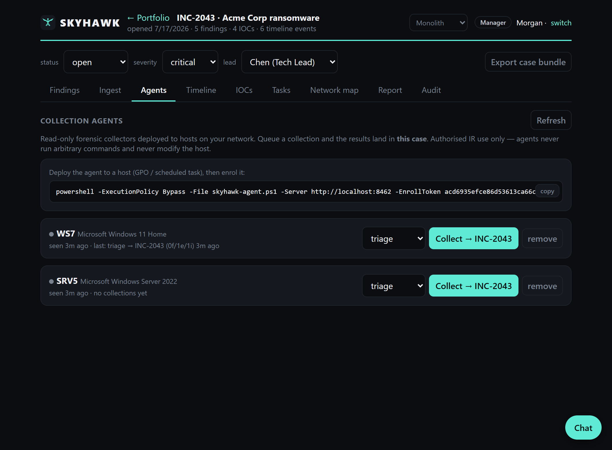 Collection agents tab with enrolled hosts