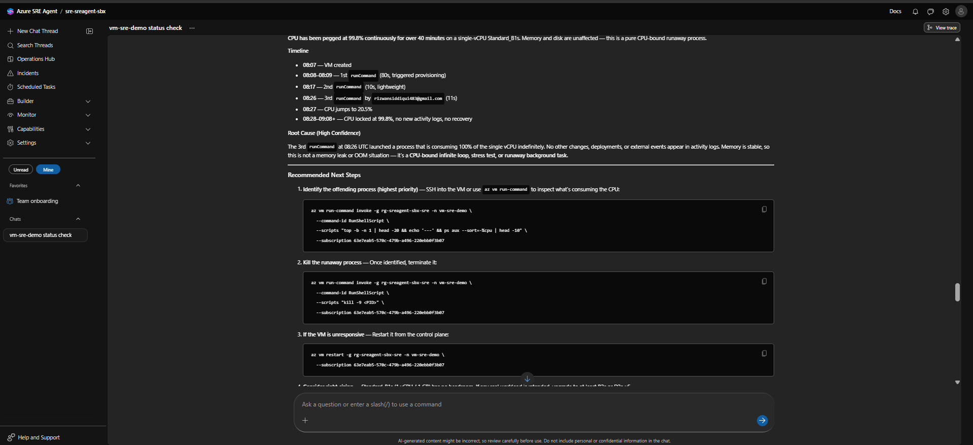 SRE Agent 推荐的后续步骤