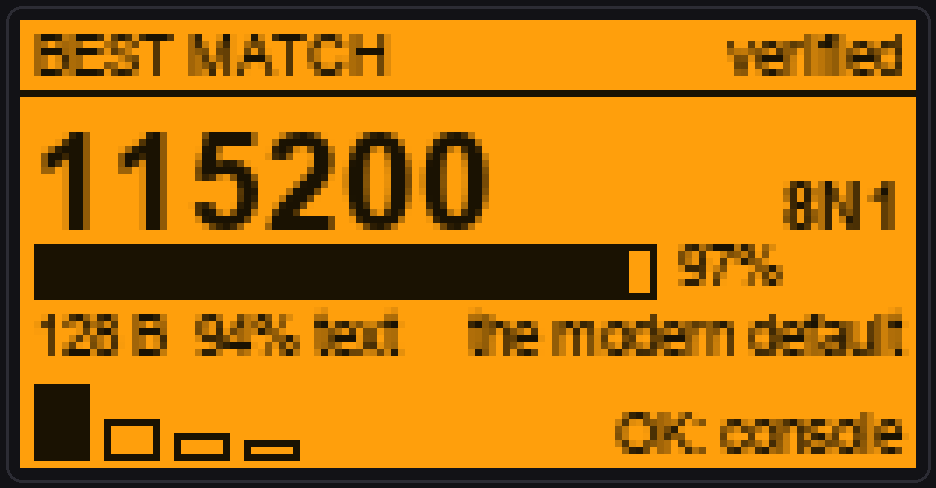 The result screen: 115200 8N1 at 97% confidence, verified, with a candidate ladder