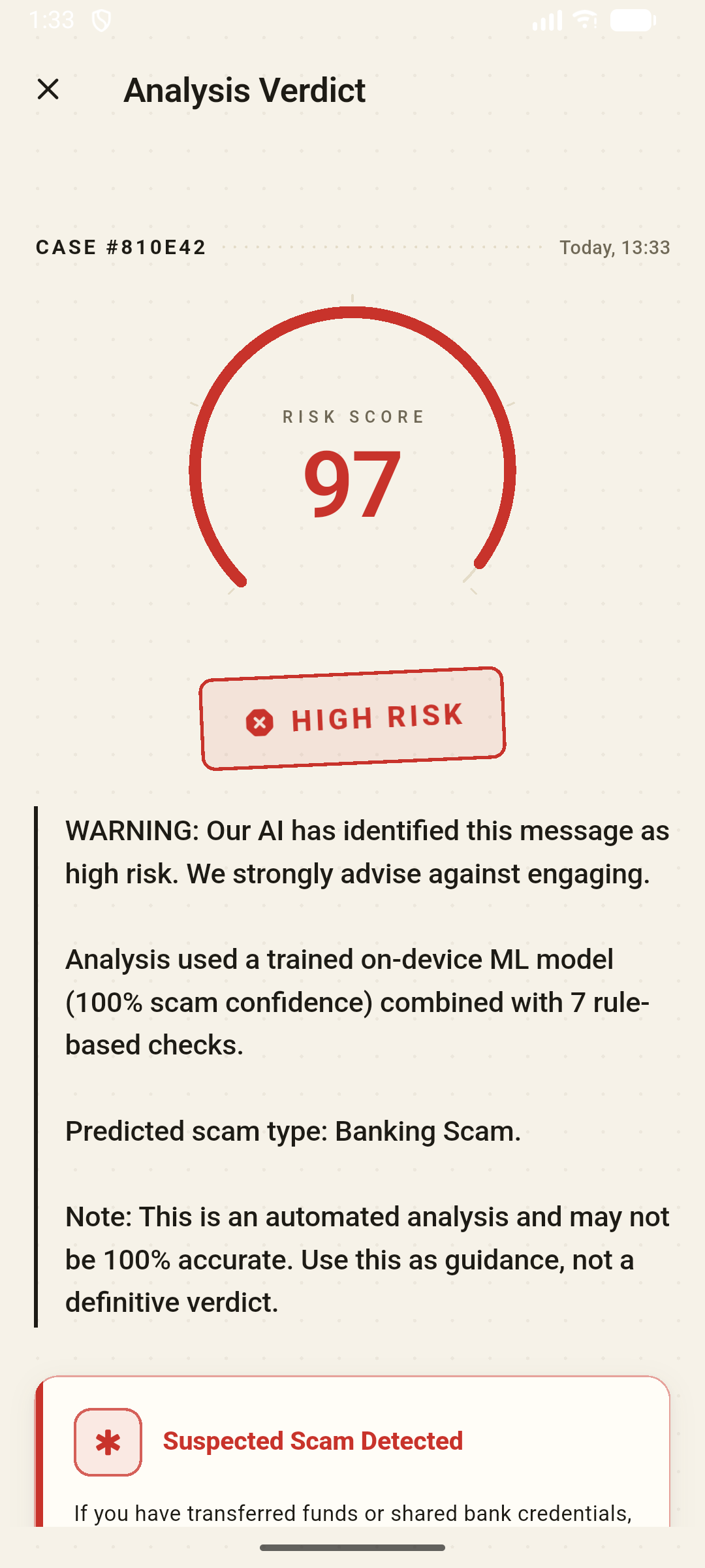 ScamShield Android analysis verdict for a synthetic high-risk banking-scam example