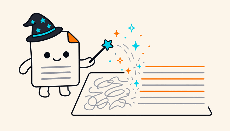 The Paperling mascot in a wizard hat waving a wand over a page, turning messy scribbles into clean text