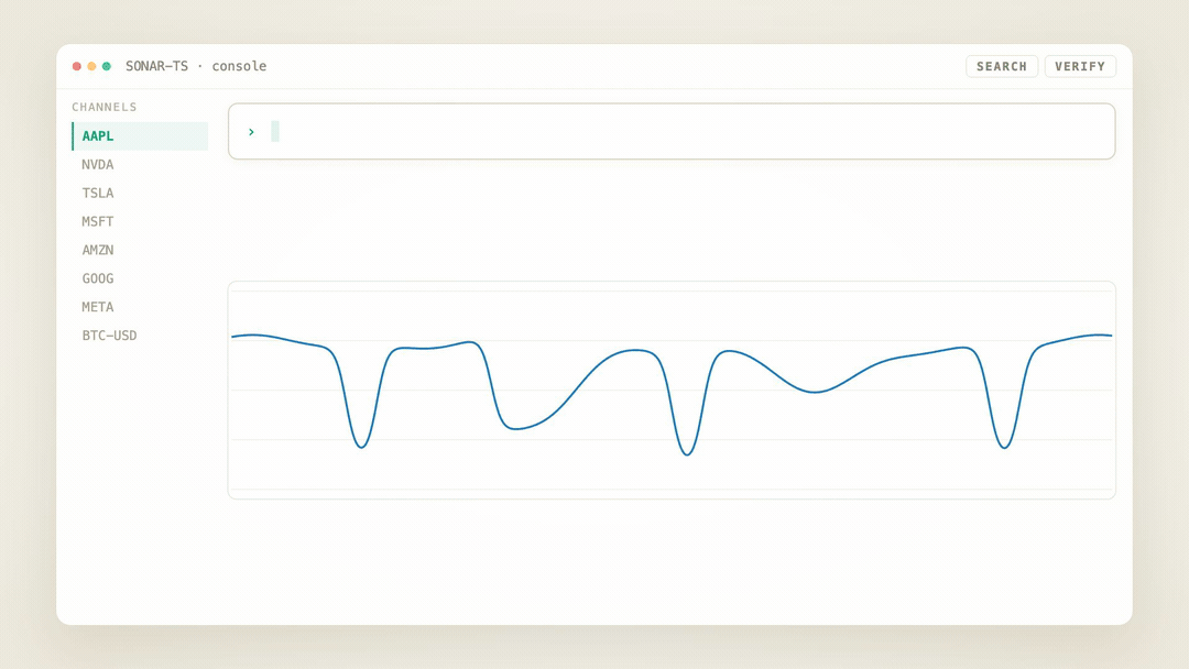 Sonar-TS in action: ask in natural language, search by shape, verify every candidate, get the answer