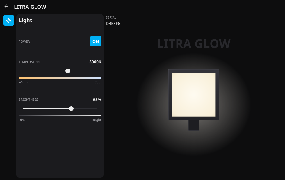 LogiTux 的 Litra Glow 页面:一个电源胶囊开关、色温和亮度渐变滑块,以及一个光环会随灯光状态变化的渲染图