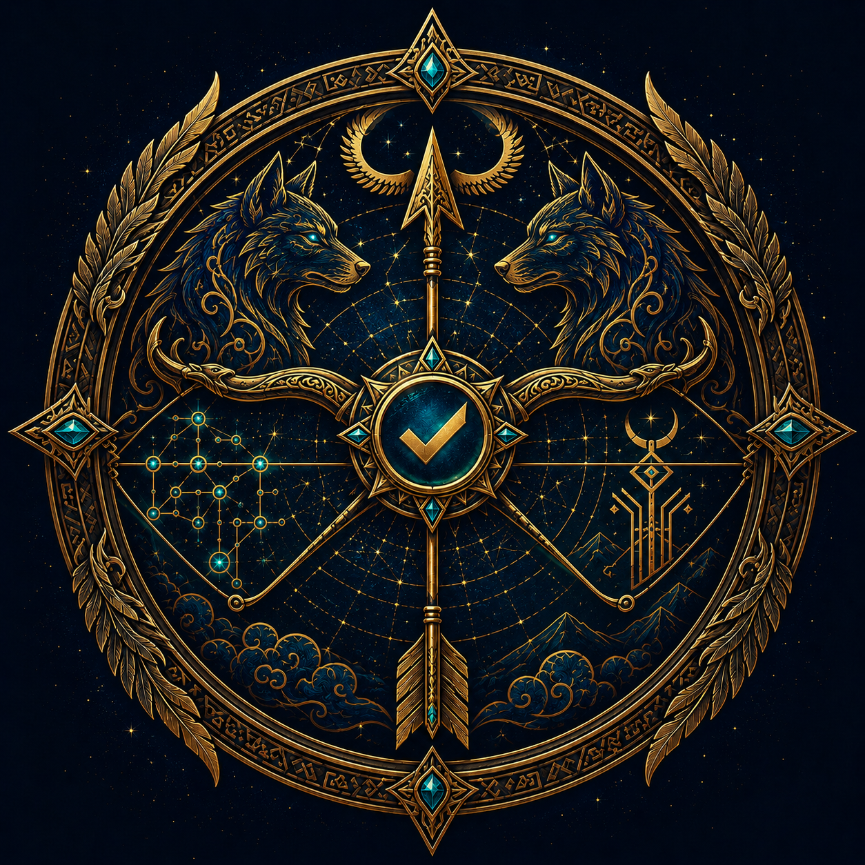 Mergen emblem: a gold arrow finding its mark above a verify checkmark, flanked by two wolves, ringed by a runic border on a deep night sky