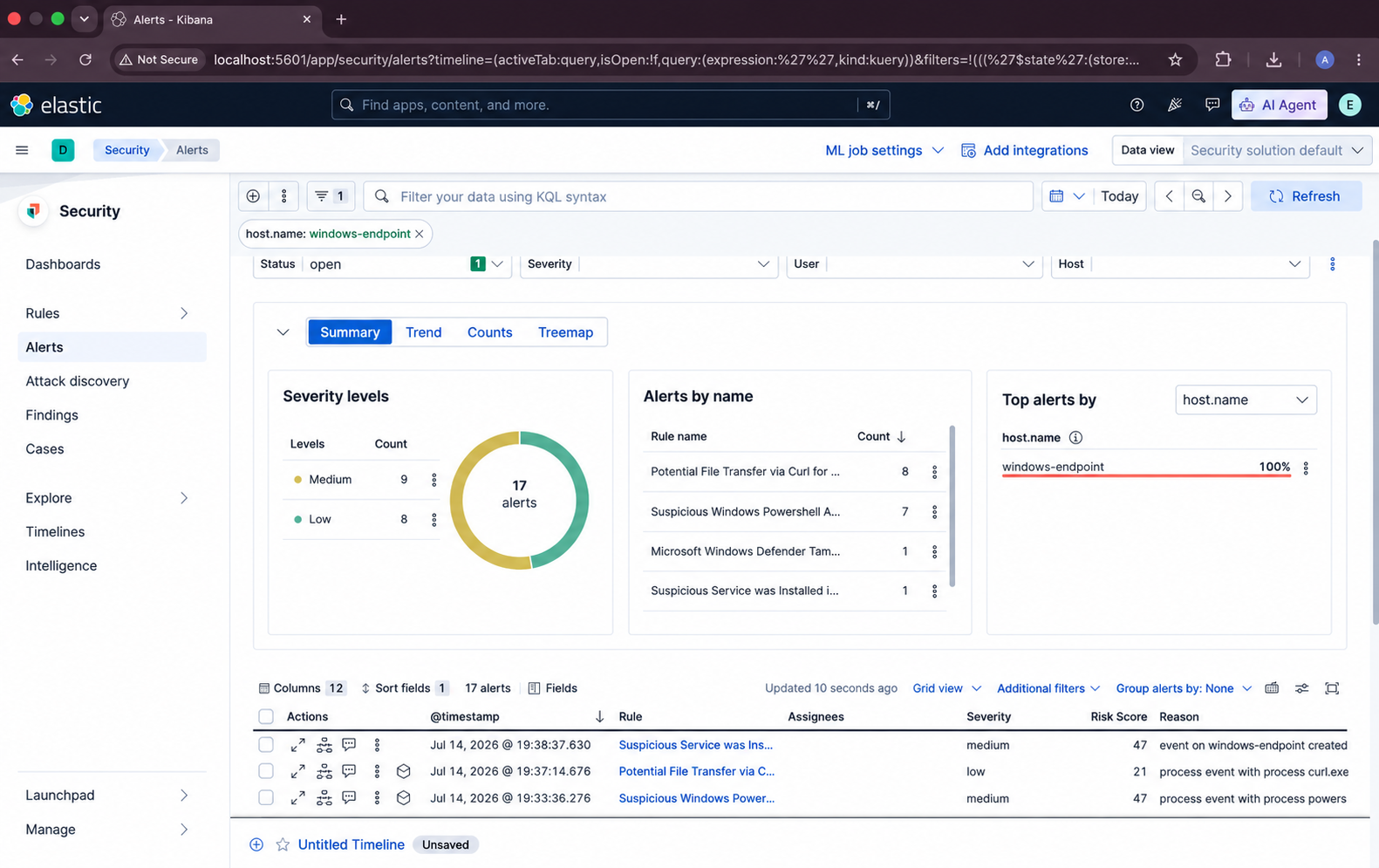选自 Elastic Security 的待调查告警