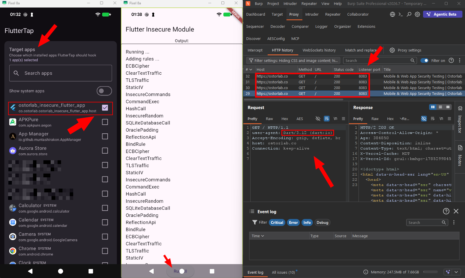 HTTPS traffic from a Flutter app captured and decrypted in Burp Suite