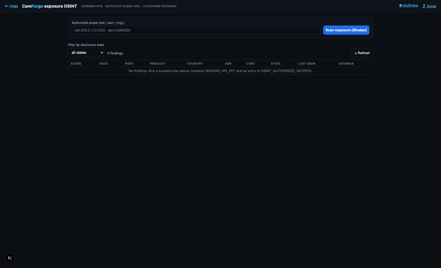 CamForge exposure OSINT dashboard with coordinated-disclosure workflow
