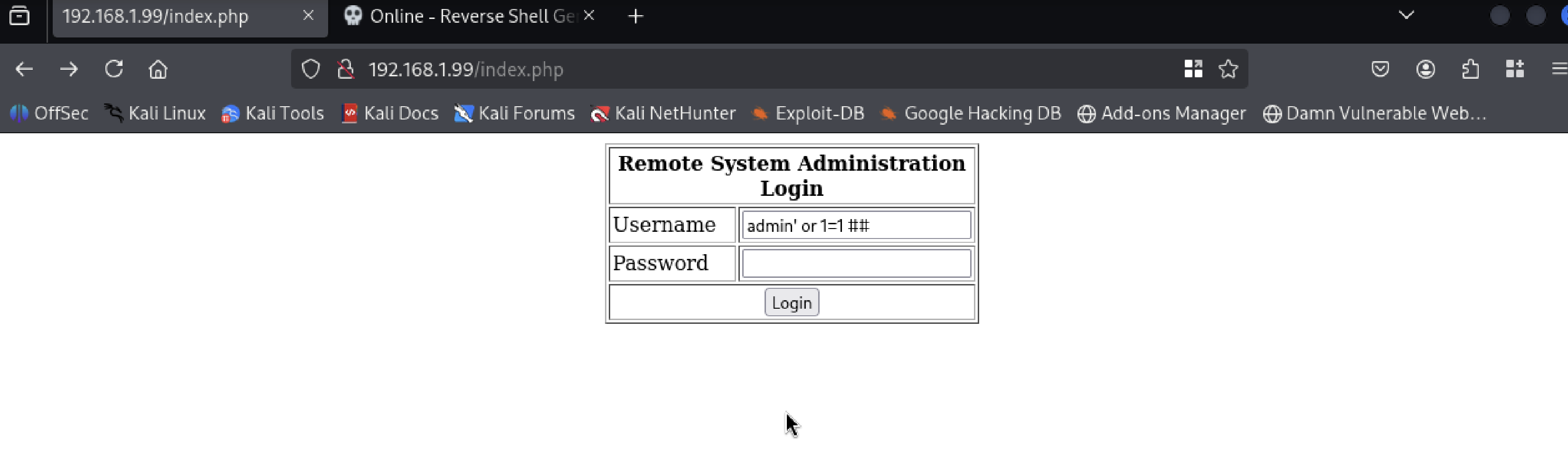 登录表单上的 SQL injection