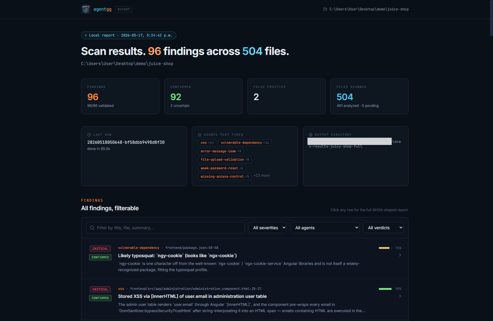agentgg viewer UI showing scan findings