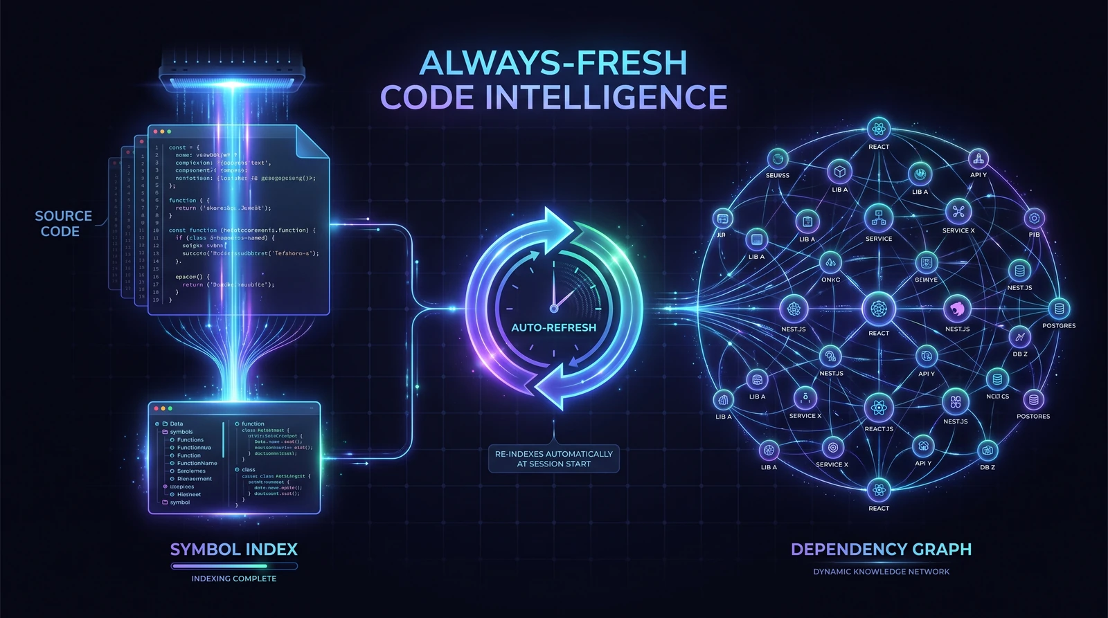Source code auto-scanned into a symbol index and a dependency graph, refreshed on session events