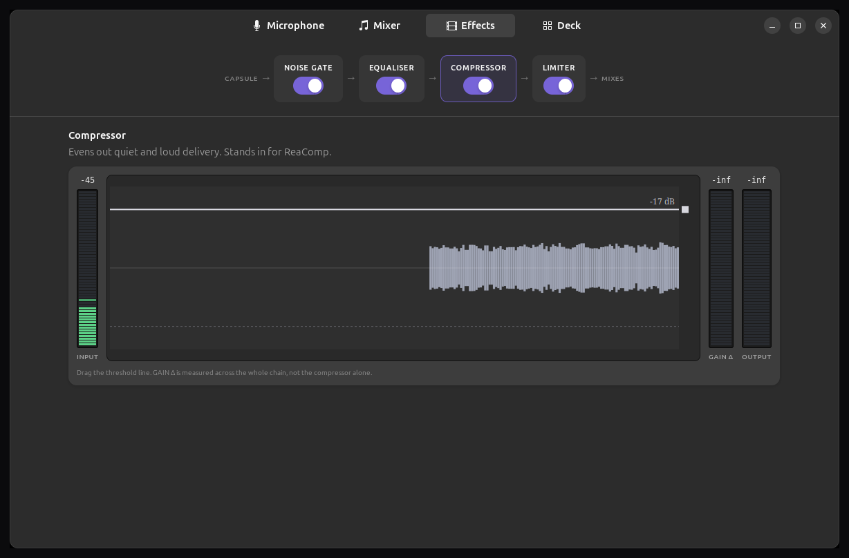 The compressor, showing a scrolling waveform with a draggable threshold line