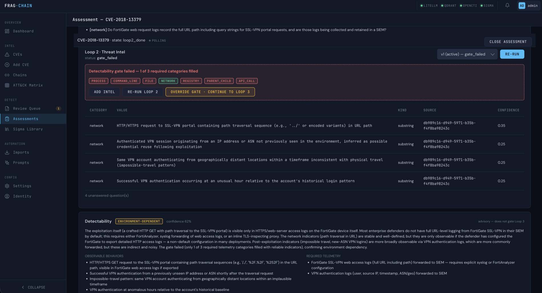Assessment workspace — sources, three loop cards, detectability classification, artifact plan, and generated artifacts