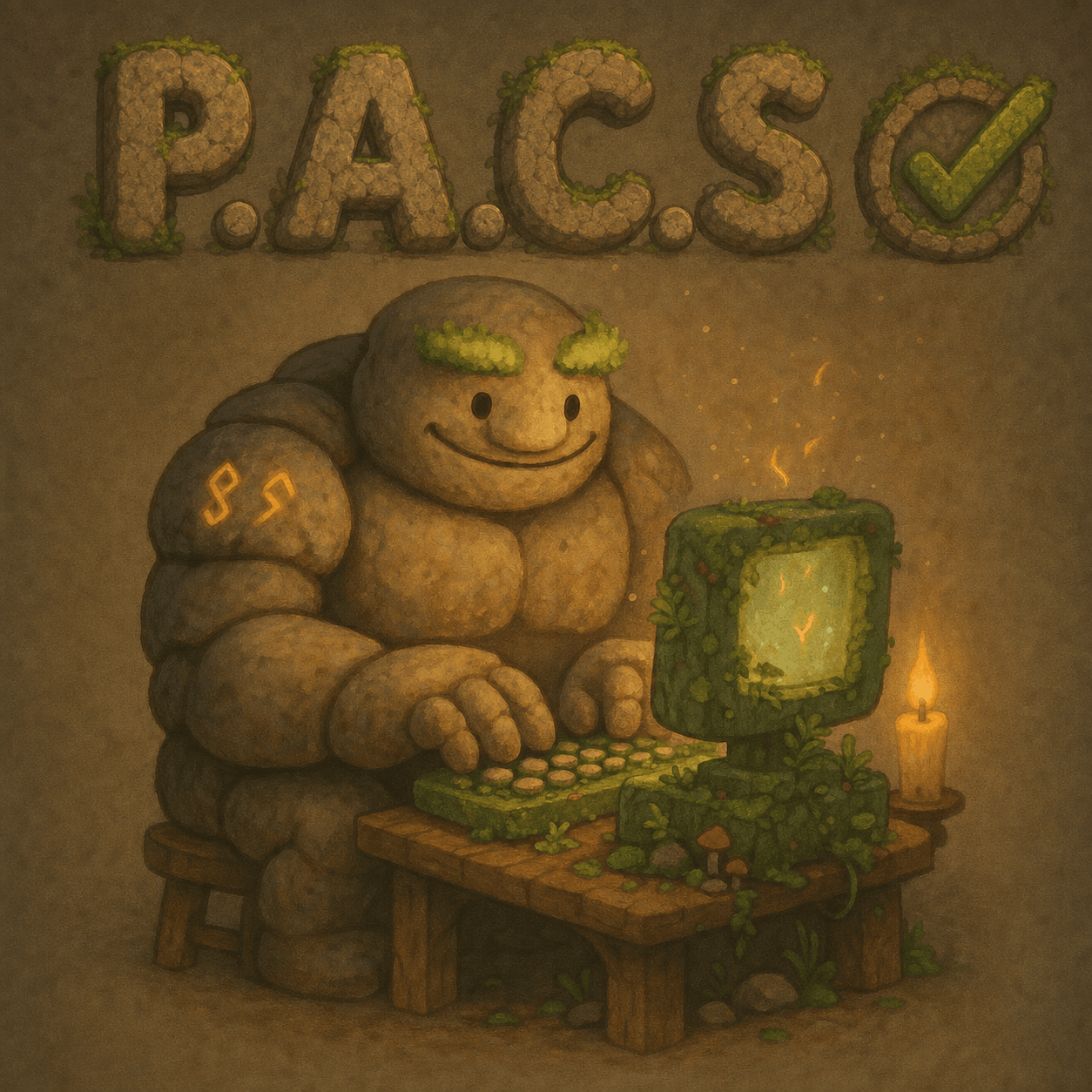 the PACS golem coding on a mossy stone computer