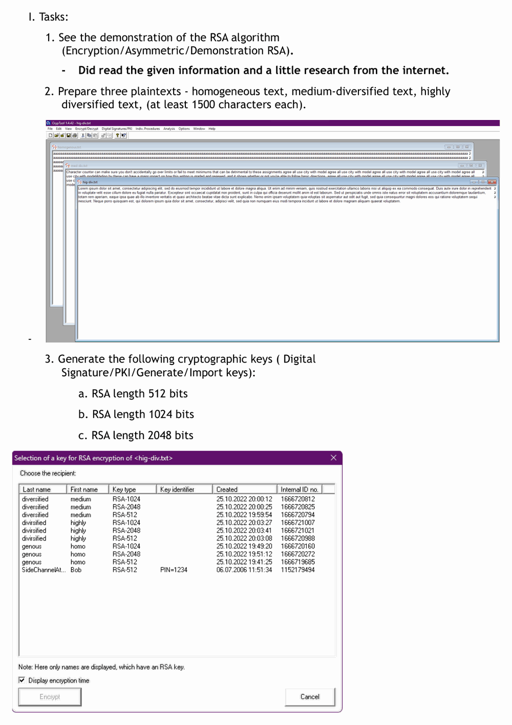 Lab 4: CrypTool showing three prepared plaintexts of differing character diversity, and a key-selection dialog listing RSA keys at 512, 1024 and 2048 bits