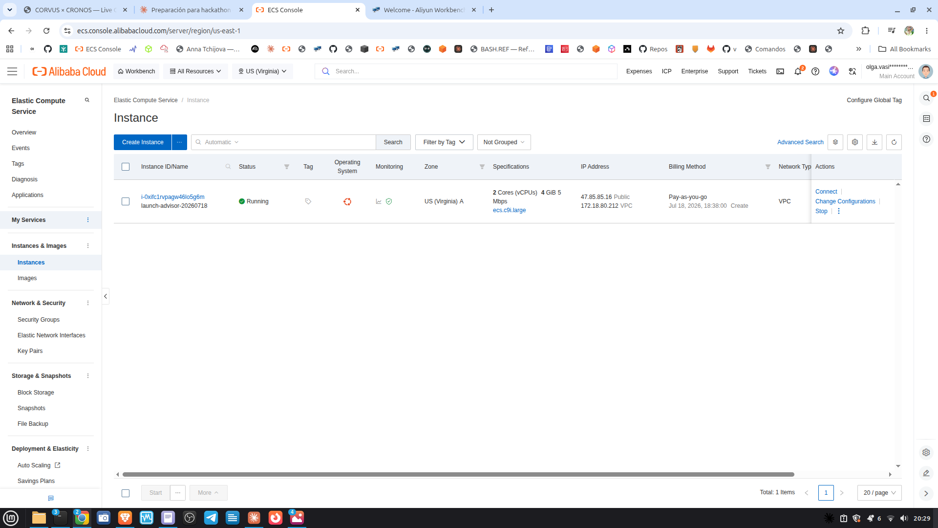 Alibaba Cloud ECS 控制台 — 运行在美国弗吉尼亚州的 wolf-and-cronos 实例 (47.85.85.16, ecs.c9i.large)