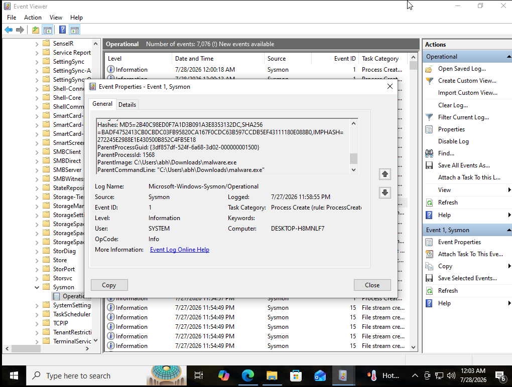 Sysmon malware.exe detected