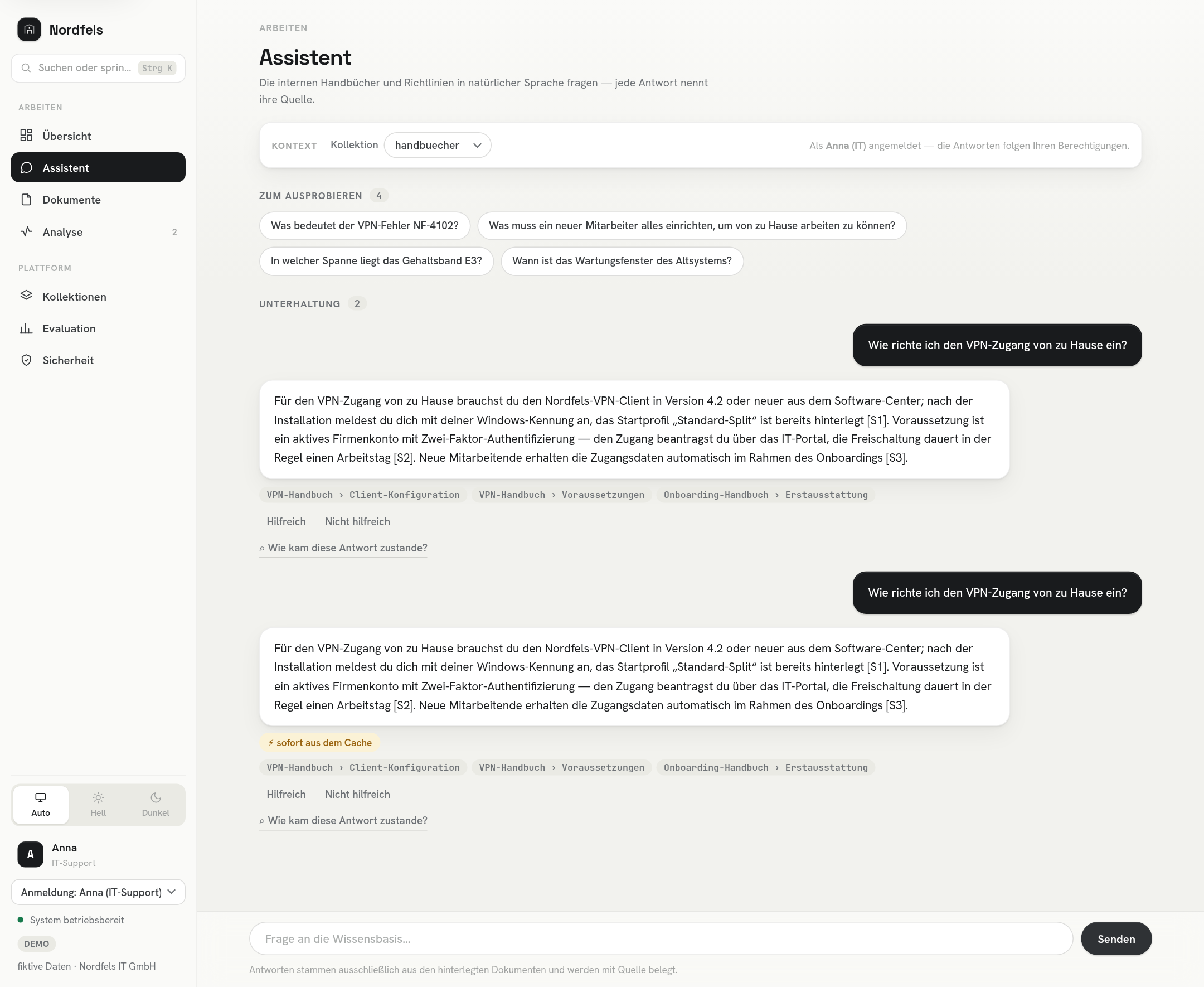 Assistant view: a German question answered with inline citation markers, source chips per answer, and an instant cache-hit repeat