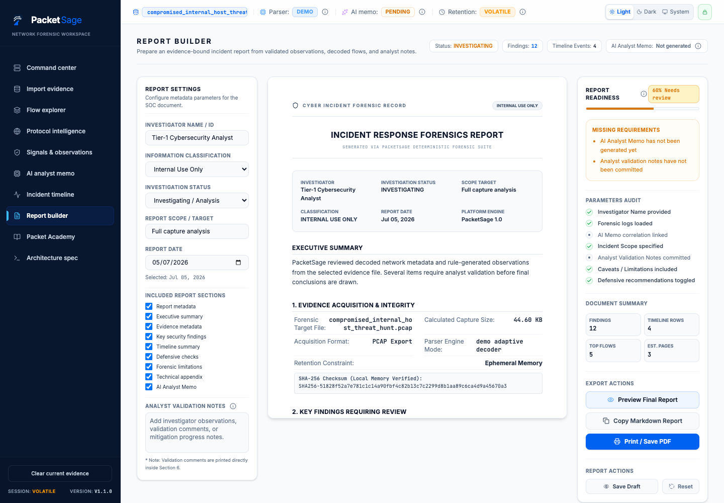 PacketSage Report Builder showing report settings, evidence metadata, readiness checks, and export controls.