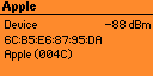 BLE device detail — kind, MAC, RSSI, vendor