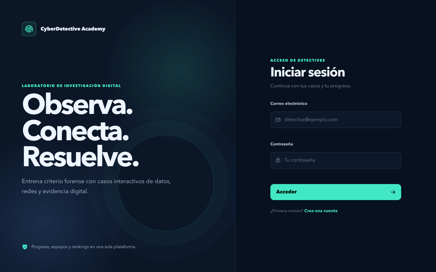 Pantalla de acceso de CyberDetective Academy