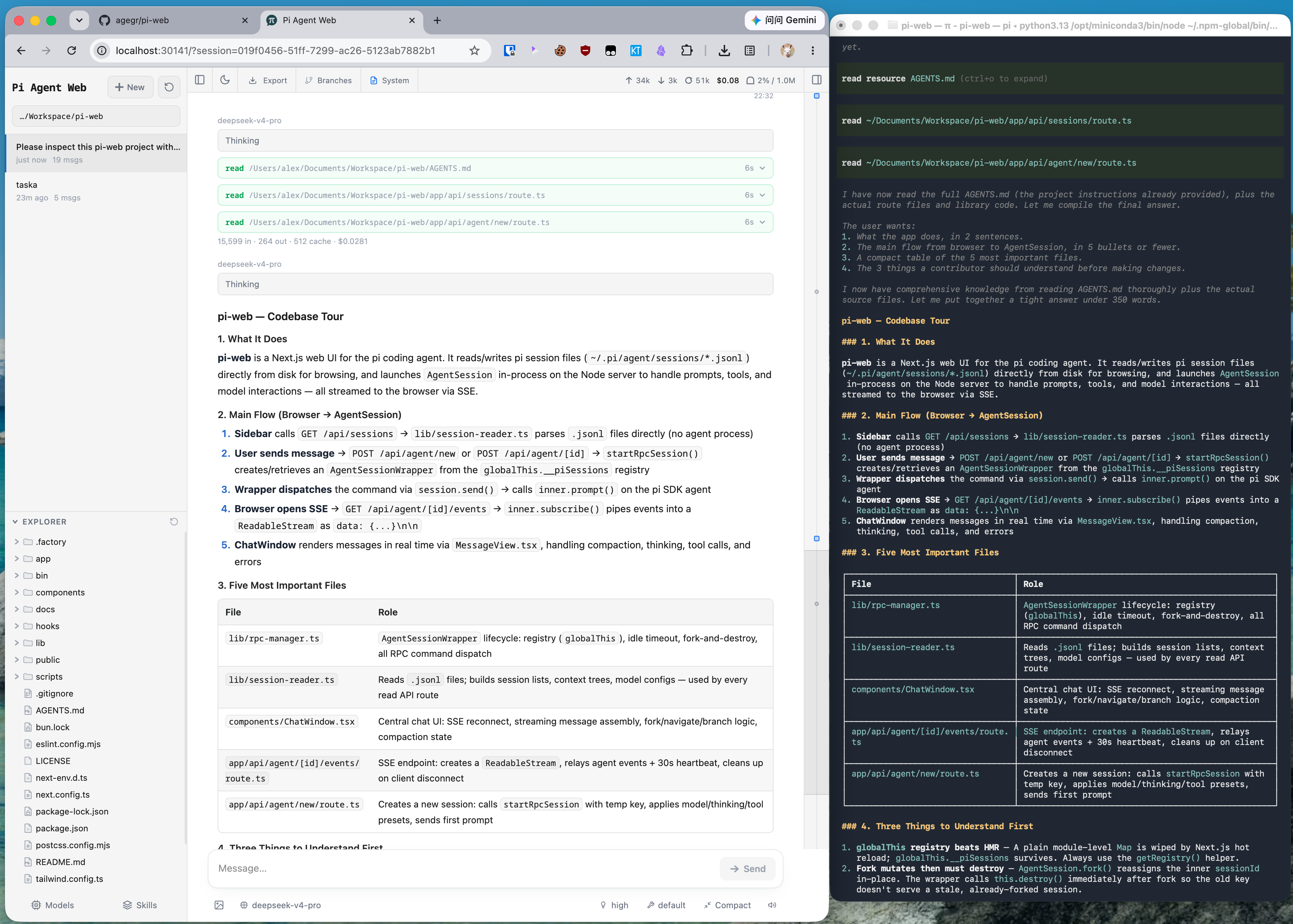 Pi Web 在 CLI 旁边展示了带有结构化 Markdown、工具调用和项目导航的同一个 pi 会话
