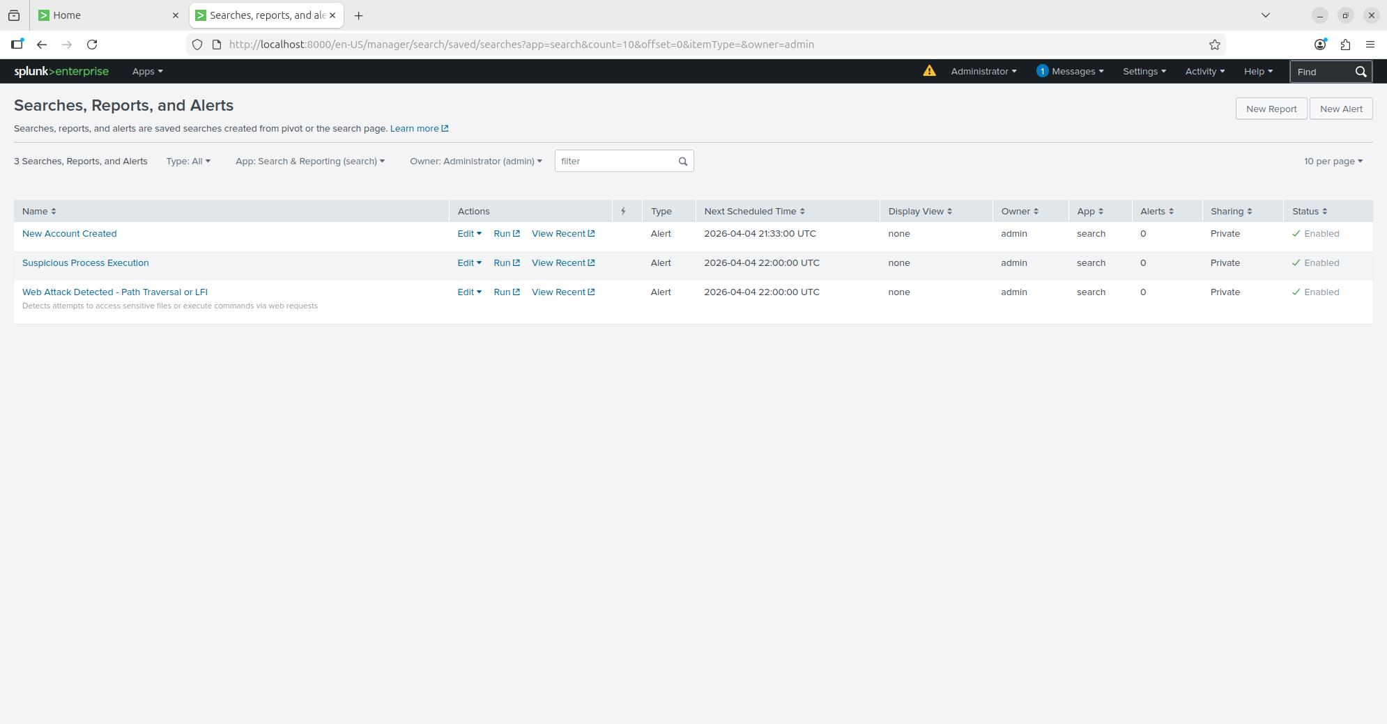 Splunk alert list showing three configured security alerts