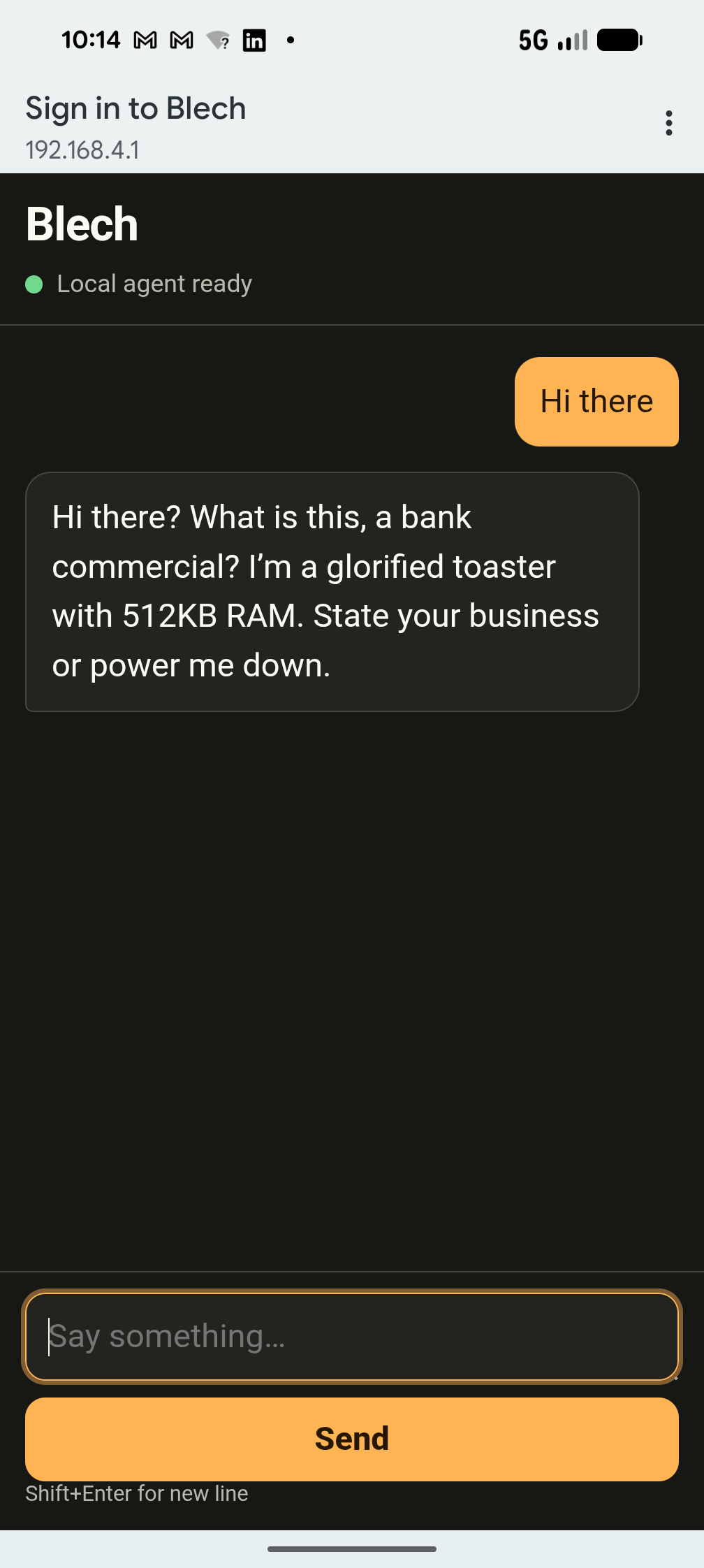Blech chat UI showing Marvin insult